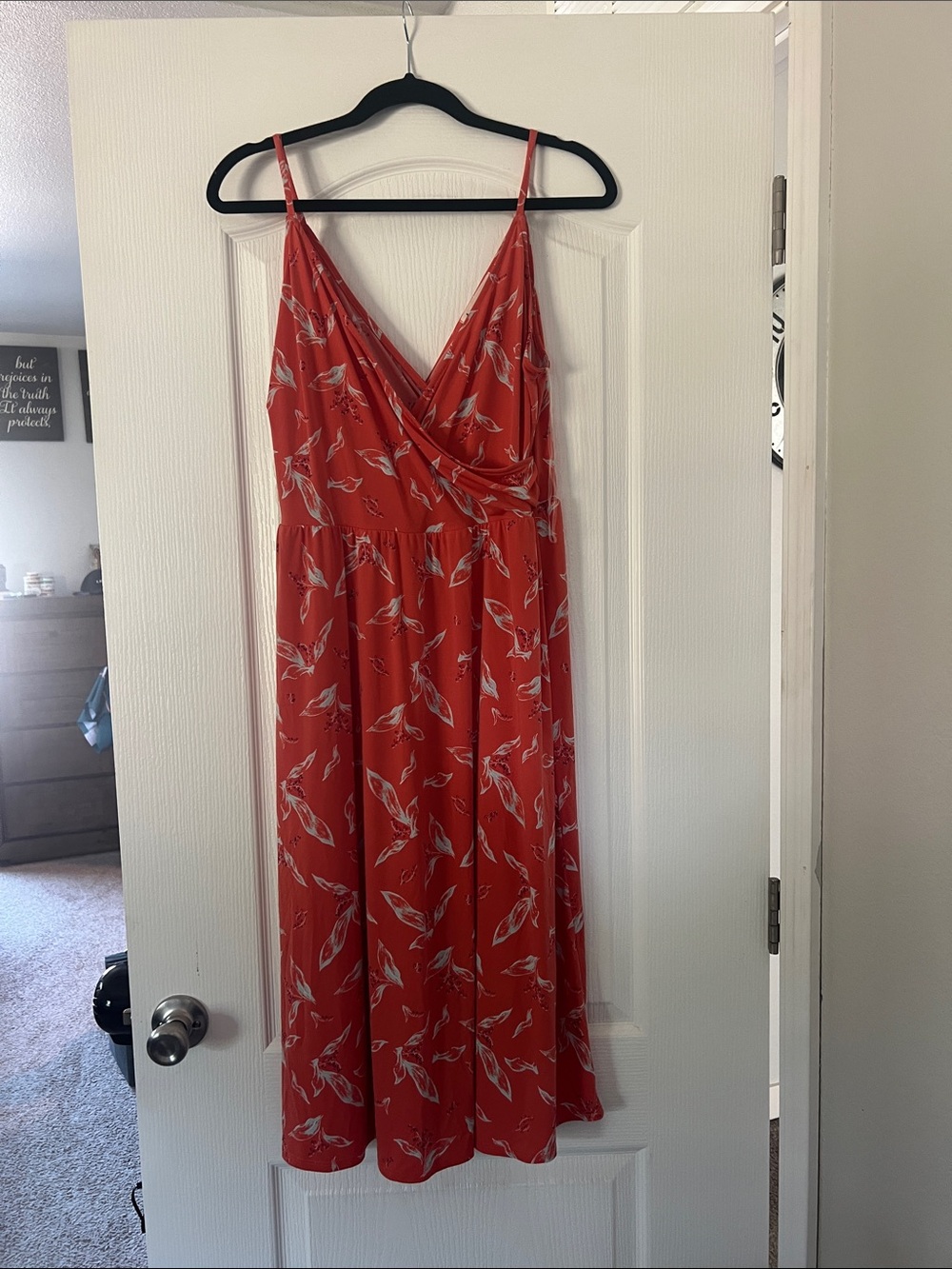 Impressions Coral-Red Floral Midi Dress with Faux-Wrap Bodice